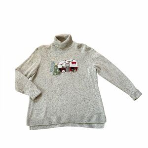 Christopher & Banks Grey Turtleneck Sweater Holiday Camper Embroidered Womens 1X